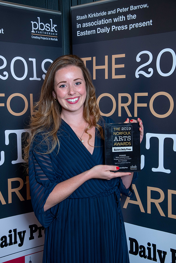 The 2019 Norfolk Arts Awards at St George's Theatre, Great Yarmouth. EDP People's Choice Award recipient Emily Woodward. Photo credit ©Simon Finlay Photography.