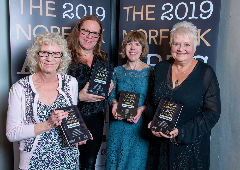 The 2019 Norfolk Arts Awards at St George's Theatre, Great Yarmouth. Outstanding Contribution to the Arts Award winners(l to R) Penny Manning, Katy Jon Went, Mary Muir and Charlotte Corbett. Photo credit ©Simon Finlay Photography.